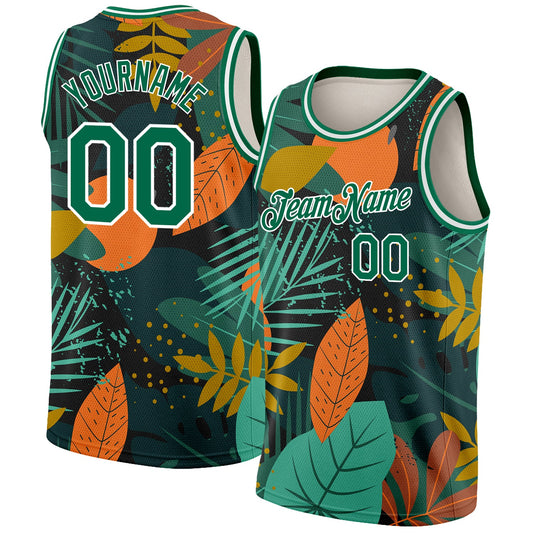 Custom Black Kelly Green-White 3D Pattern Tropical Hawaii Leaves Authentic Basketball Jersey - Main View