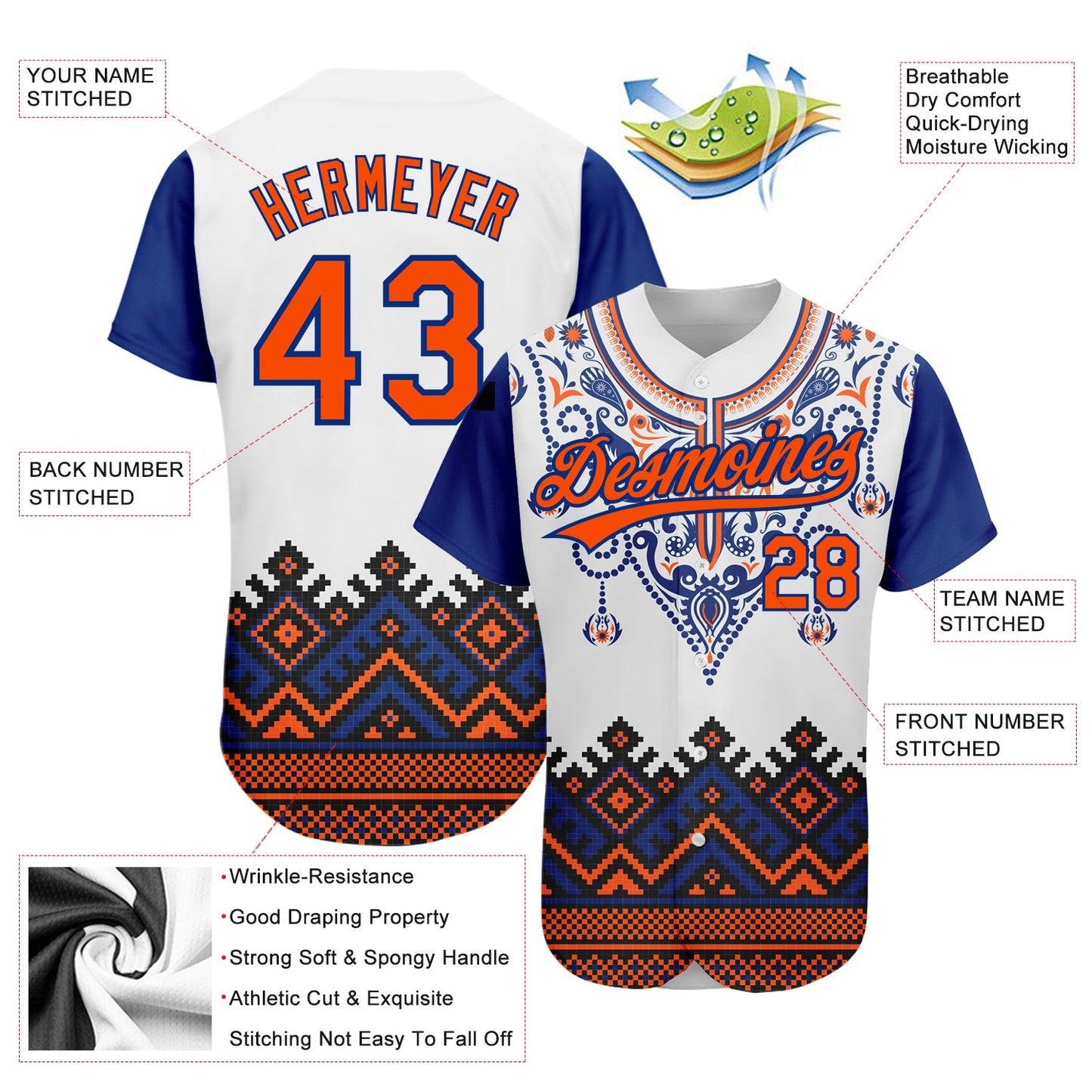Custom White Orange-Royal 3D Pattern Design Traditional African Ethnic Style Authentic Baseball Jersey view 2