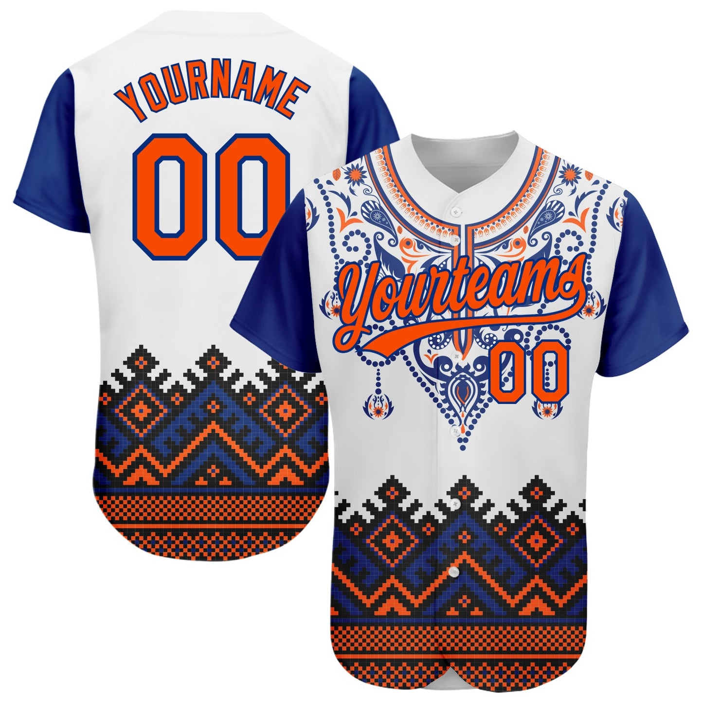 Custom White Orange-Royal 3D Pattern Design Traditional African Ethnic Style Authentic Baseball Jersey - Main View