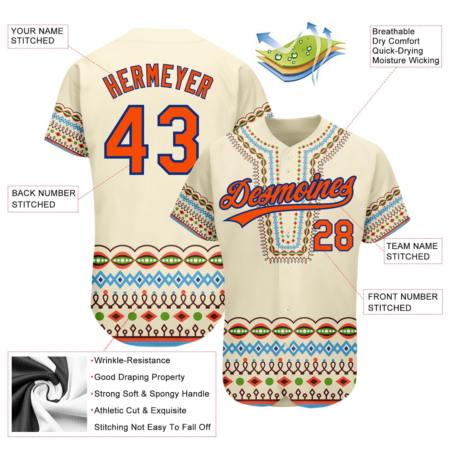 Custom Cream Orange-Royal 3D Pattern Design Traditional African Ethnic Style Authentic Baseball Jersey view 2