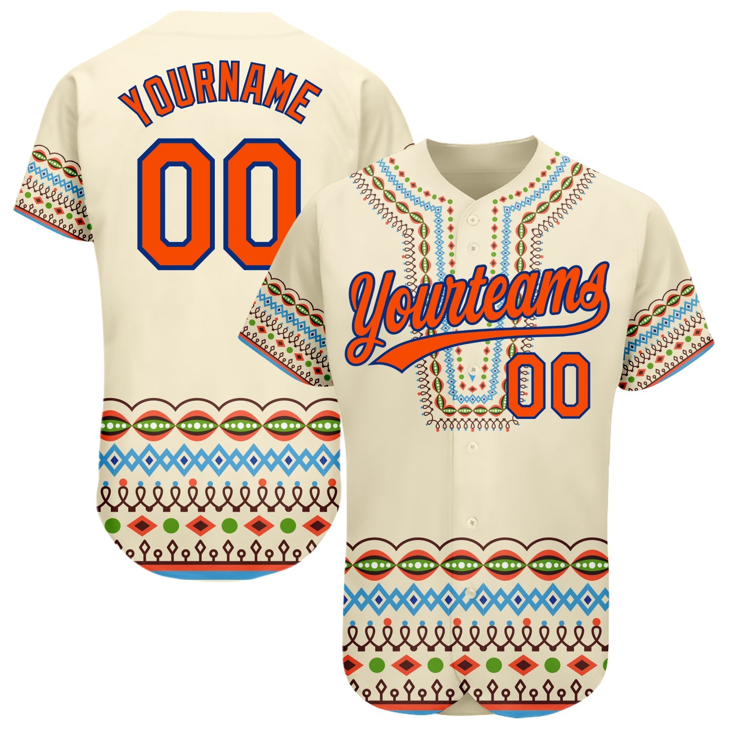 Custom Cream Orange-Royal 3D Pattern Design Traditional African Ethnic Style Authentic Baseball Jersey - Main View