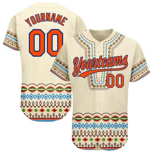 Custom Cream Orange-Royal 3D Pattern Design Traditional African Ethnic Style Authentic Baseball Jersey - Main View
