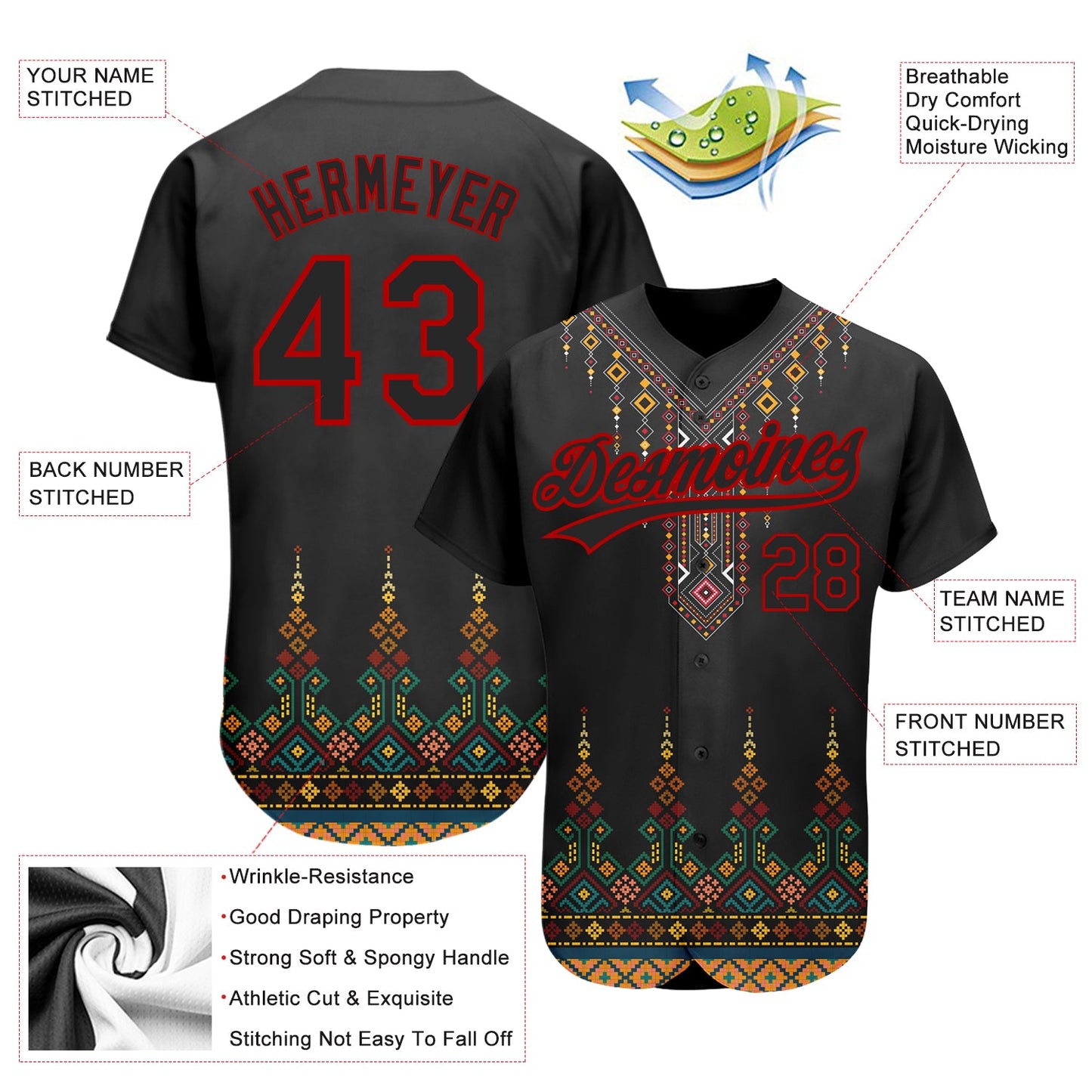 Custom Black Red 3D Pattern Design Traditional African Ethnic Style Authentic Baseball Jersey view 2