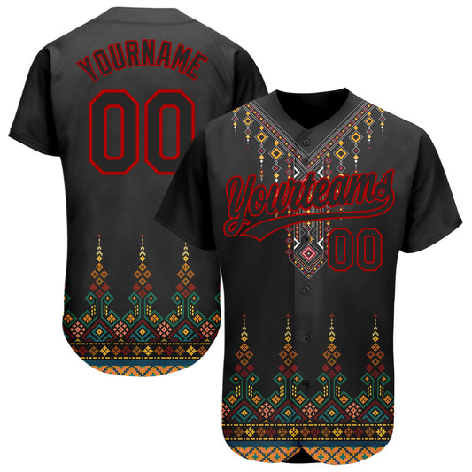 Custom Black Red 3D Pattern Design Traditional African Ethnic Style Authentic Baseball Jersey - Main View