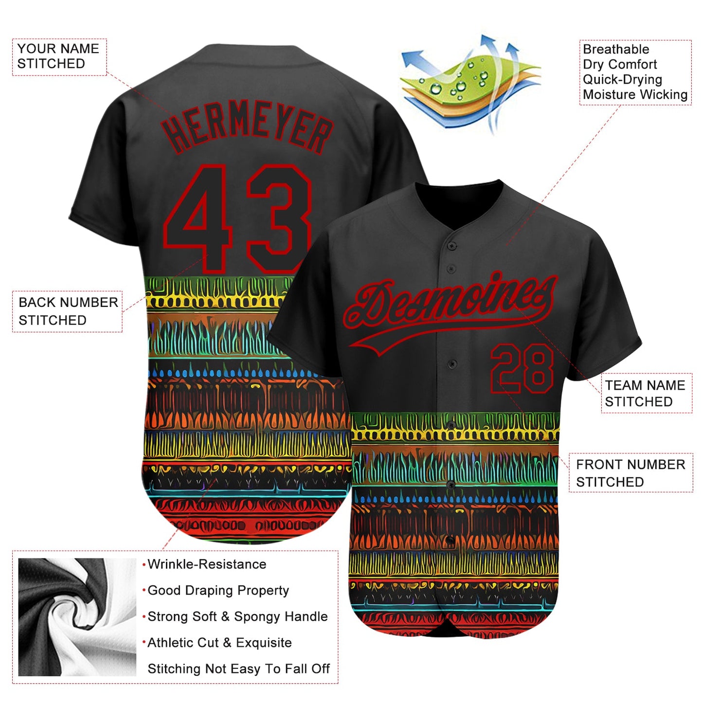 Custom Black Red 3D Pattern Design Traditional African Ethnic Style Authentic Baseball Jersey view 2