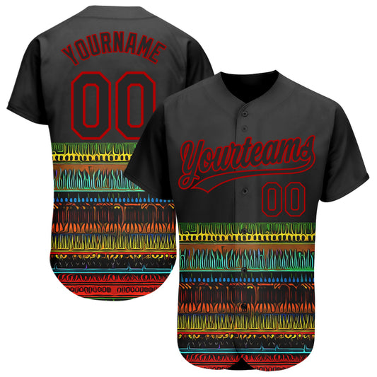 Custom Black Red 3D Pattern Design Traditional African Ethnic Style Authentic Baseball Jersey - Main View