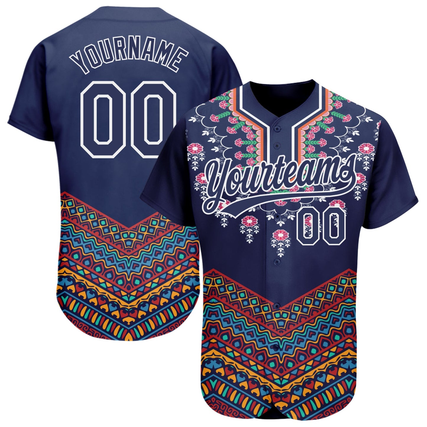 Custom Navy White 3D Pattern Design Vintage Floral African Ethnic Style Authentic Baseball Jersey - Main View