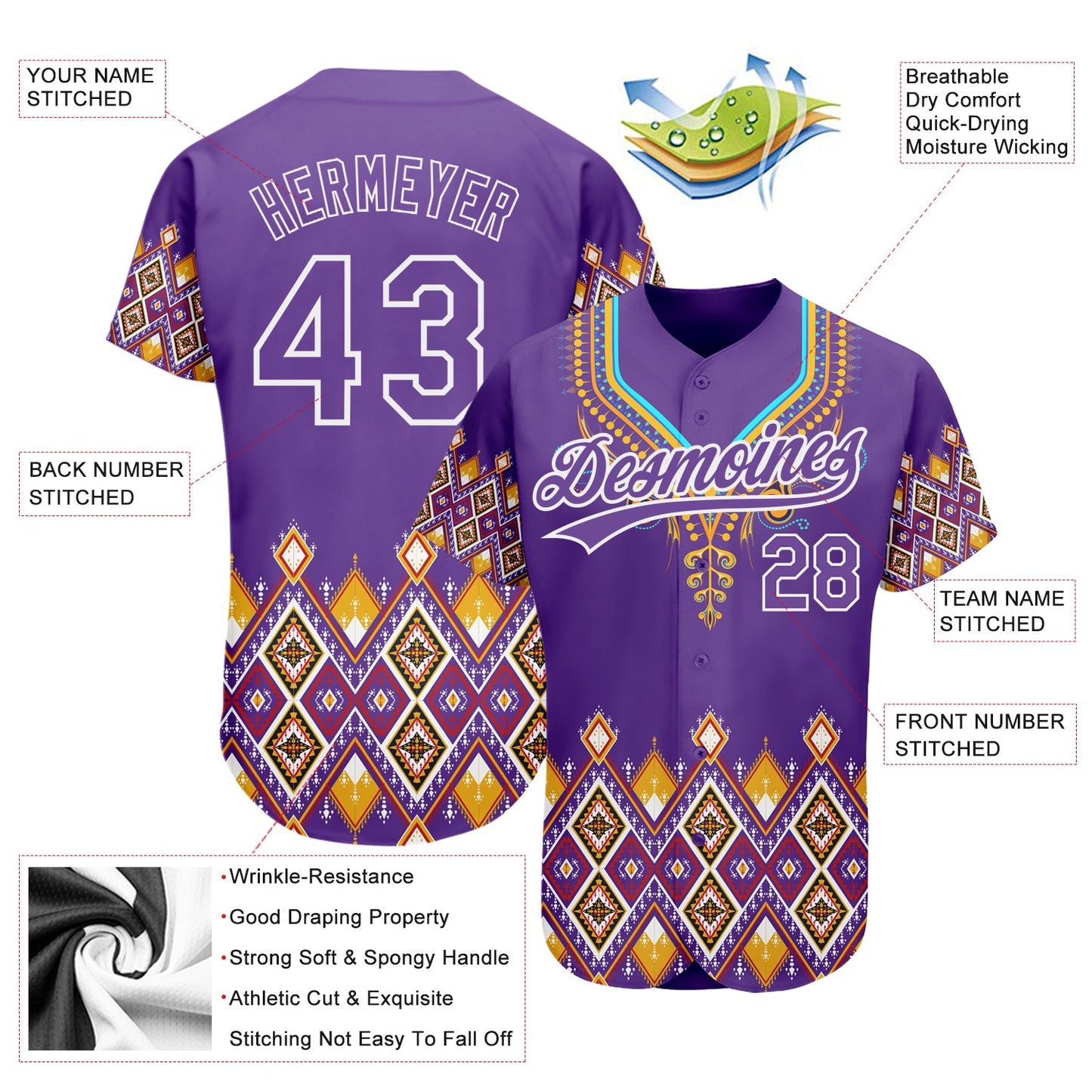 Custom Purple White 3D Pattern Design Traditional African Ethnic Style Authentic Baseball Jersey view 2
