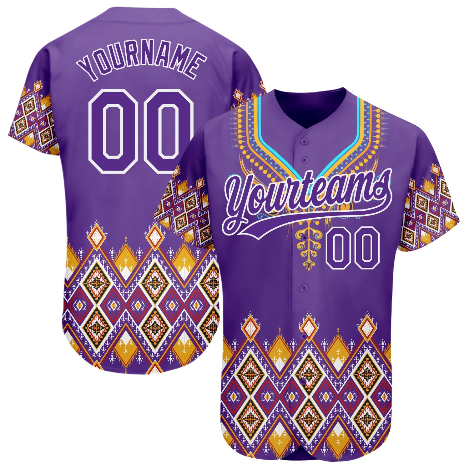 Custom Purple White 3D Pattern Design Traditional African Ethnic Style Authentic Baseball Jersey - Main View