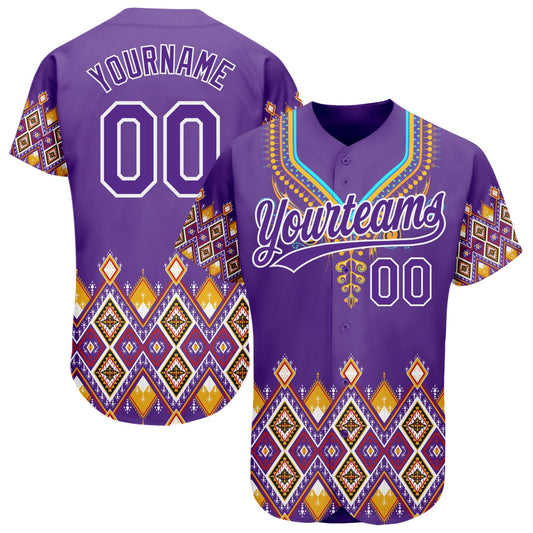 Custom Purple White 3D Pattern Design Traditional African Ethnic Style Authentic Baseball Jersey - Main View