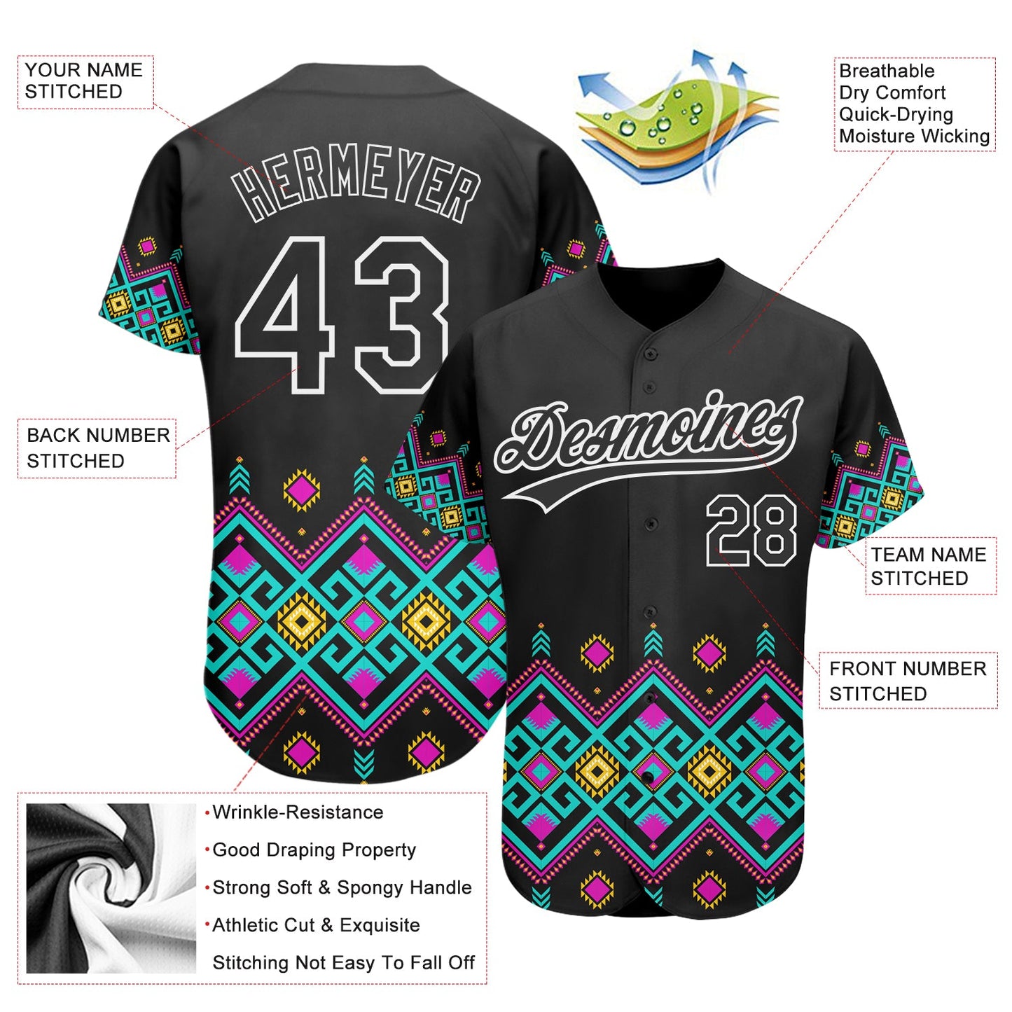 Custom Black White 3D Pattern Design Traditional African Ethnic Style Authentic Baseball Jersey view 2