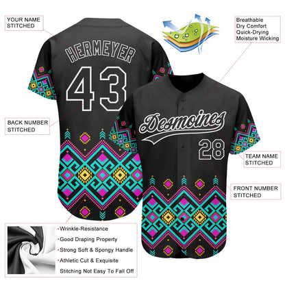Custom Black White 3D Pattern Design Traditional African Ethnic Style Authentic Baseball Jersey view 2