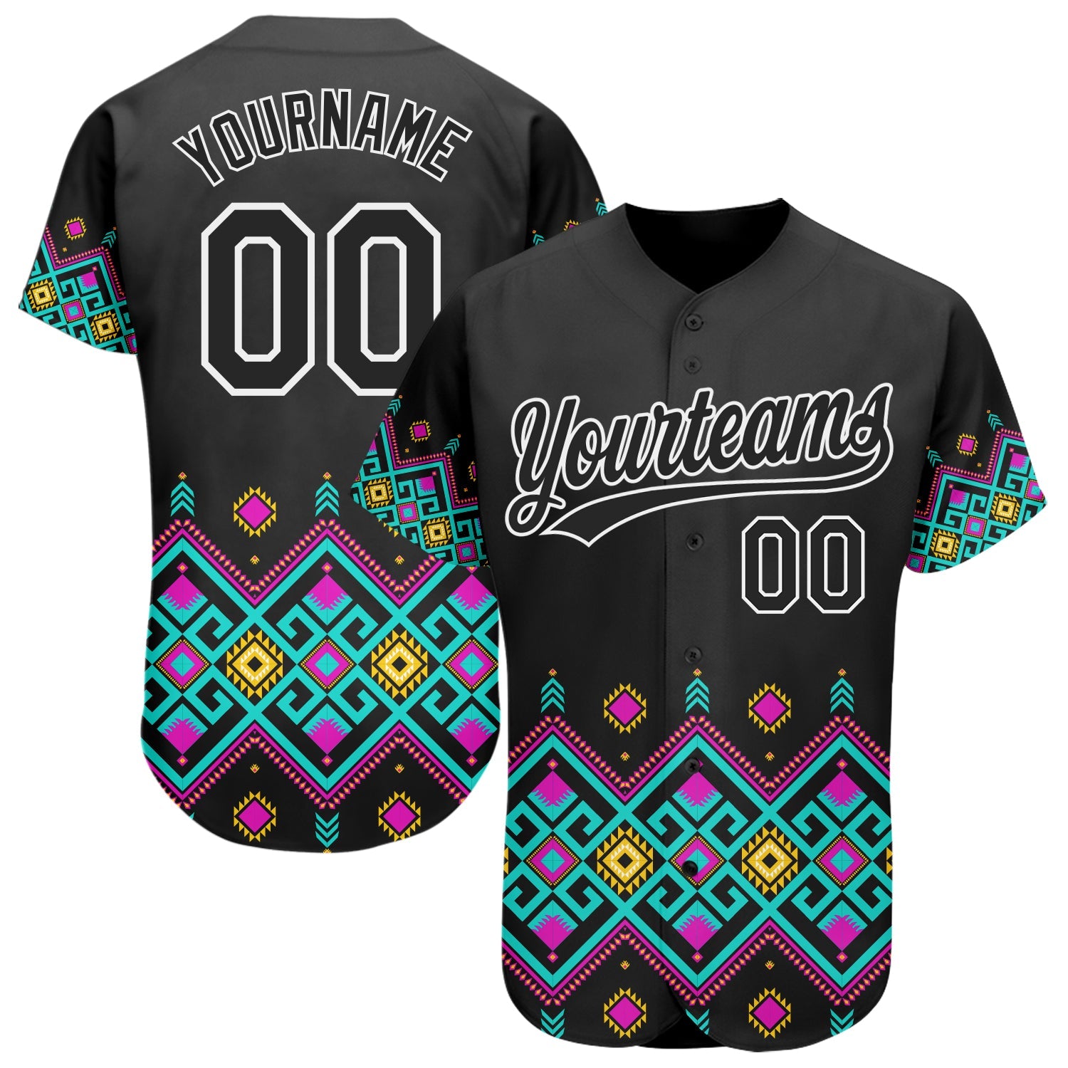 Custom Black White 3D Pattern Design Traditional African Ethnic Style Authentic Baseball Jersey - Main View