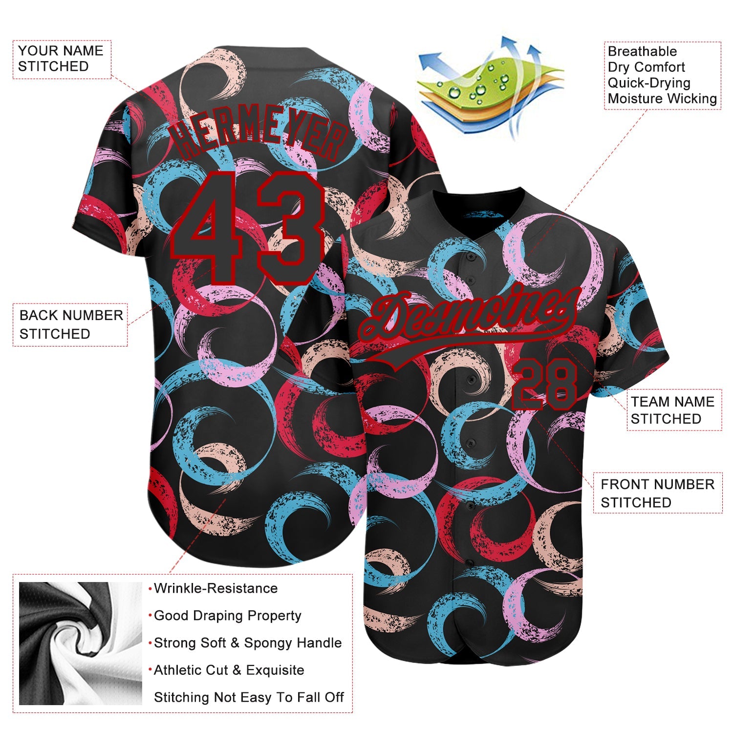 Custom Black Red 3D Pattern Design Abstract Grunge Art Authentic Baseball Jersey view 2