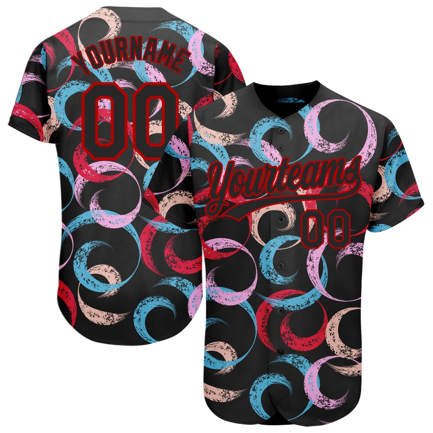 Custom Black Red 3D Pattern Design Abstract Grunge Art Authentic Baseball Jersey - Main View