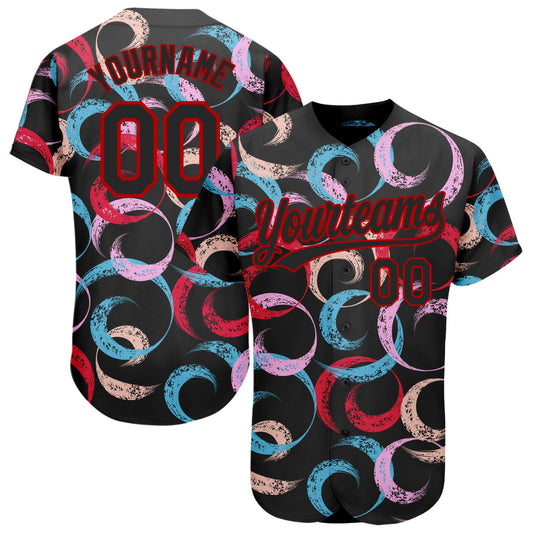 Custom Black Red 3D Pattern Design Abstract Grunge Art Authentic Baseball Jersey - Main View
