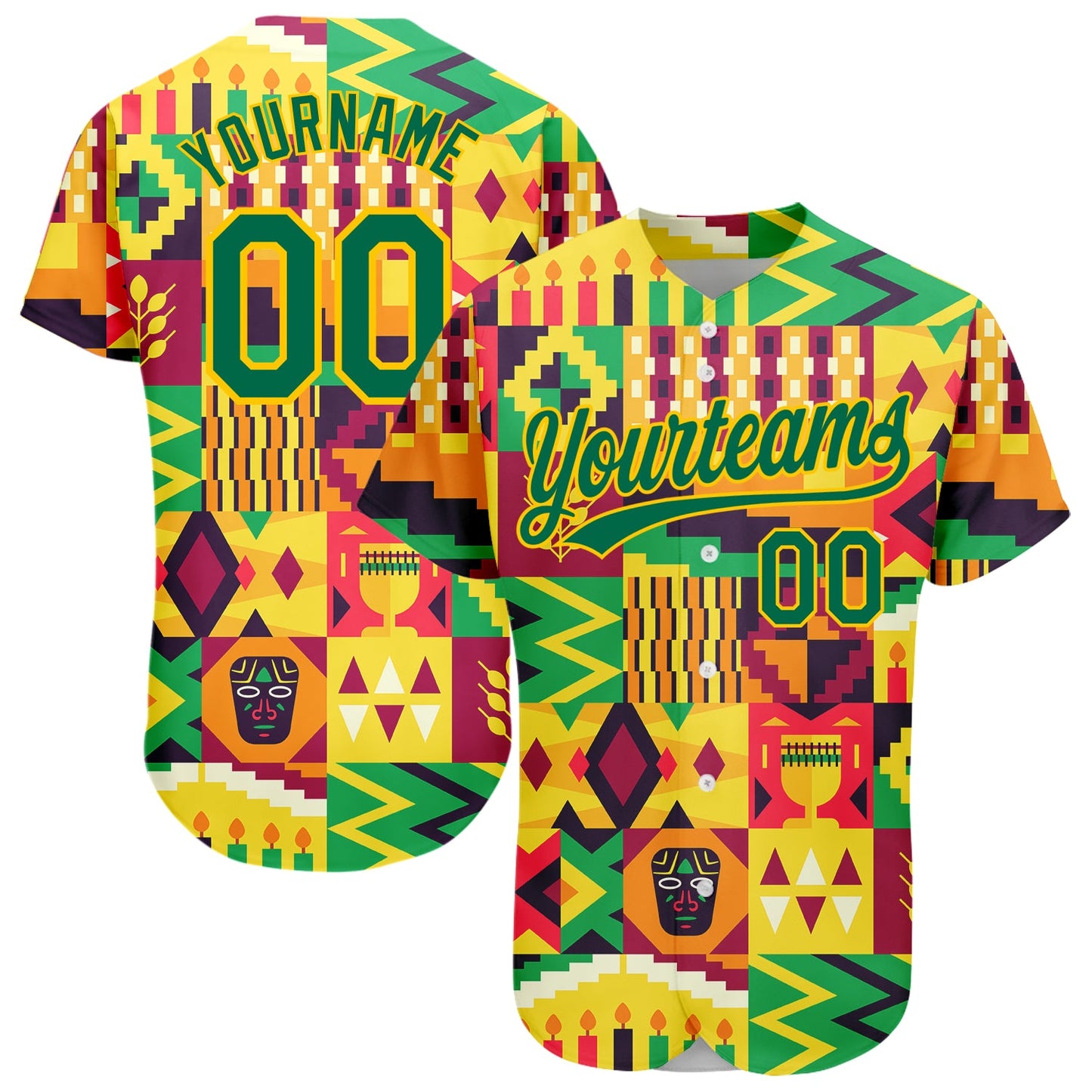 Custom Yellow Kelly Green 3D Pattern Design African Happy Kwanzaa Authentic Baseball Jersey - Main View
