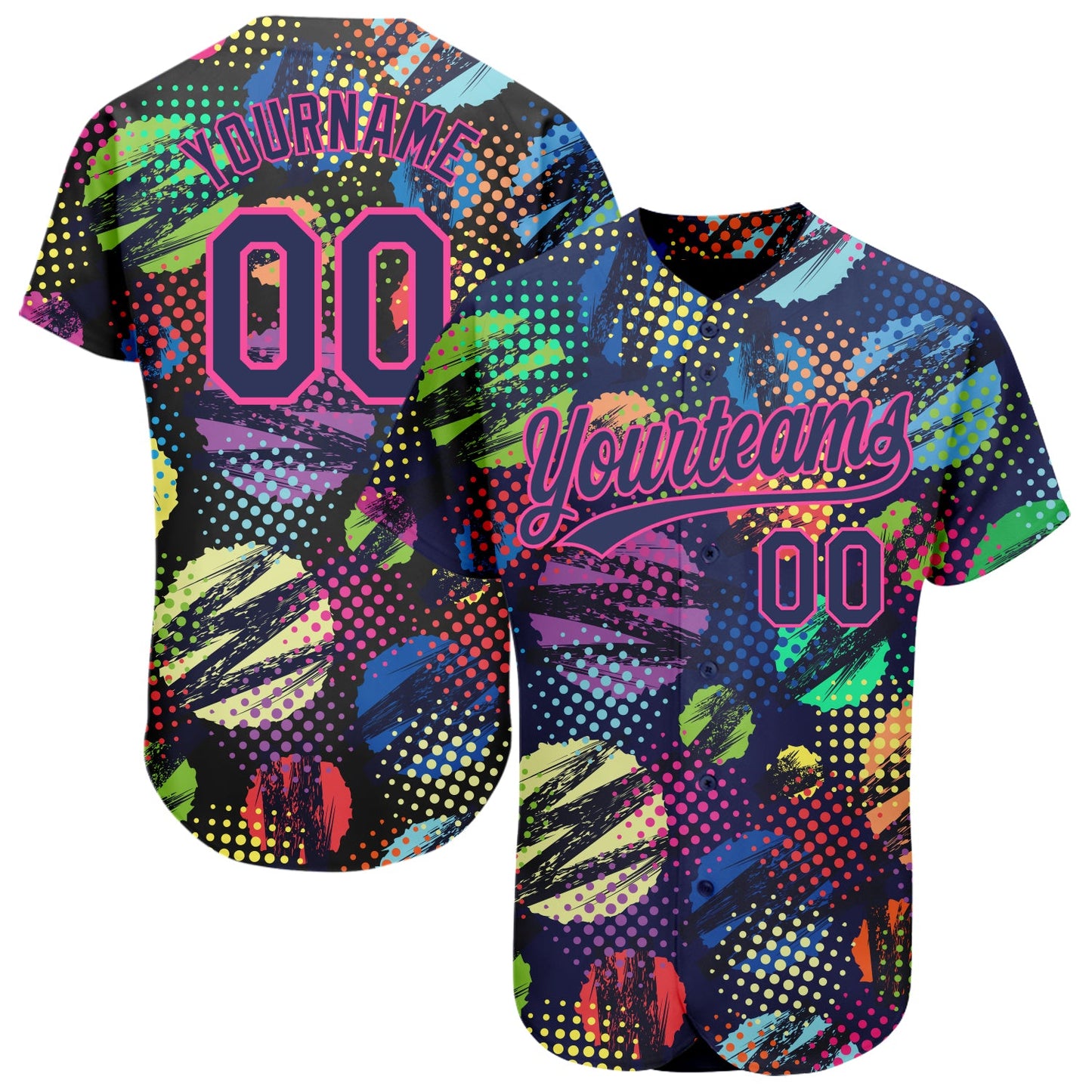 Custom Navy Pink 3D Pattern Design Abstract Halftone Circles Zigzag Style Authentic Baseball Jersey - Main View