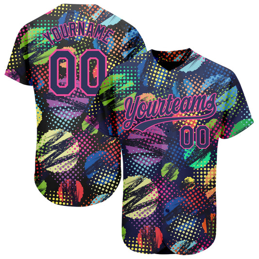 Custom Navy Pink 3D Pattern Design Abstract Halftone Circles Zigzag Style Authentic Baseball Jersey - Main View