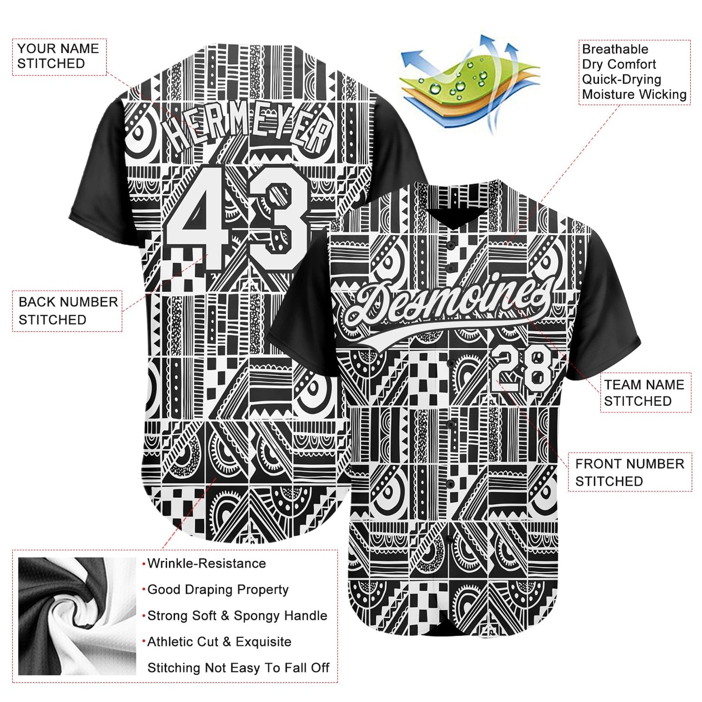 Custom Black White 3D Pattern Design Geometric Monochrome Mosaic Style Authentic Baseball Jersey view 2