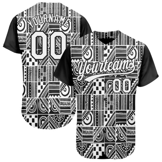 Custom Black White 3D Pattern Design Geometric Monochrome Mosaic Style Authentic Baseball Jersey - Main View
