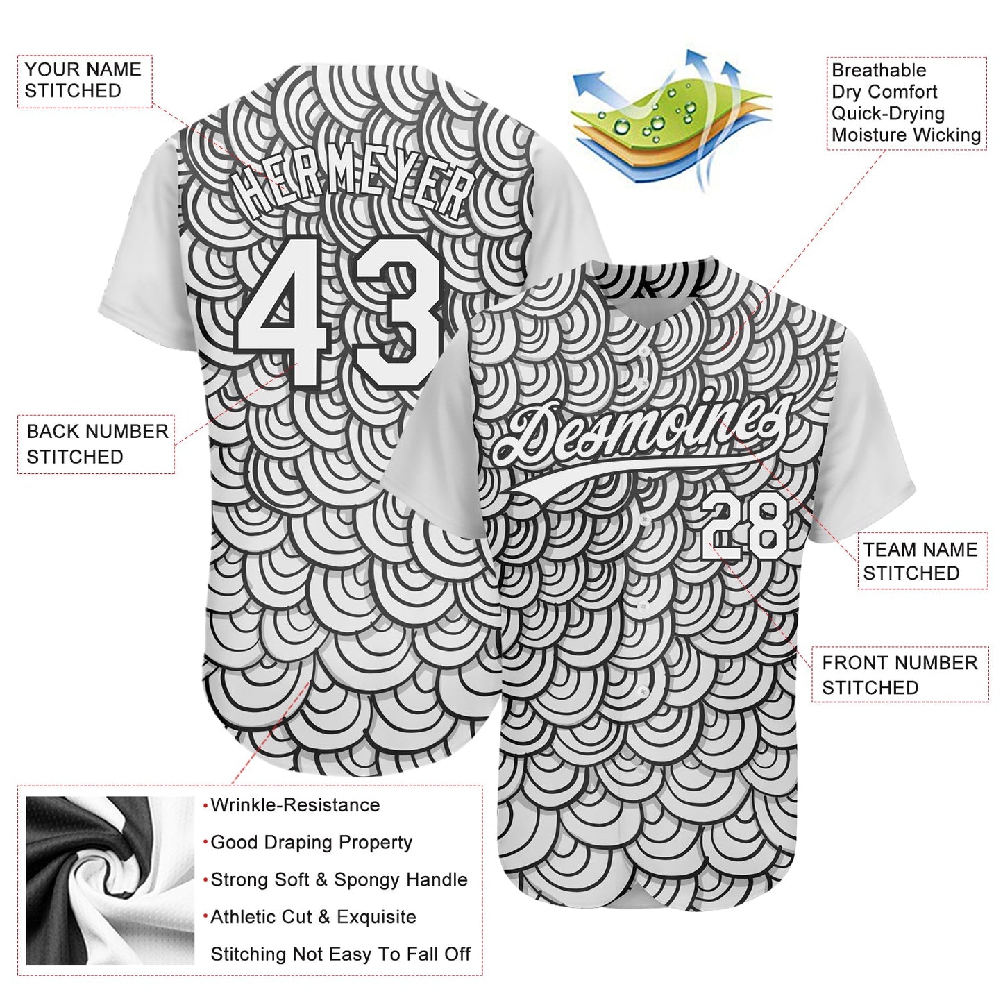 Custom White Black 3D Pattern Design Abstract Doodle Line Art Authentic Baseball Jersey view 2