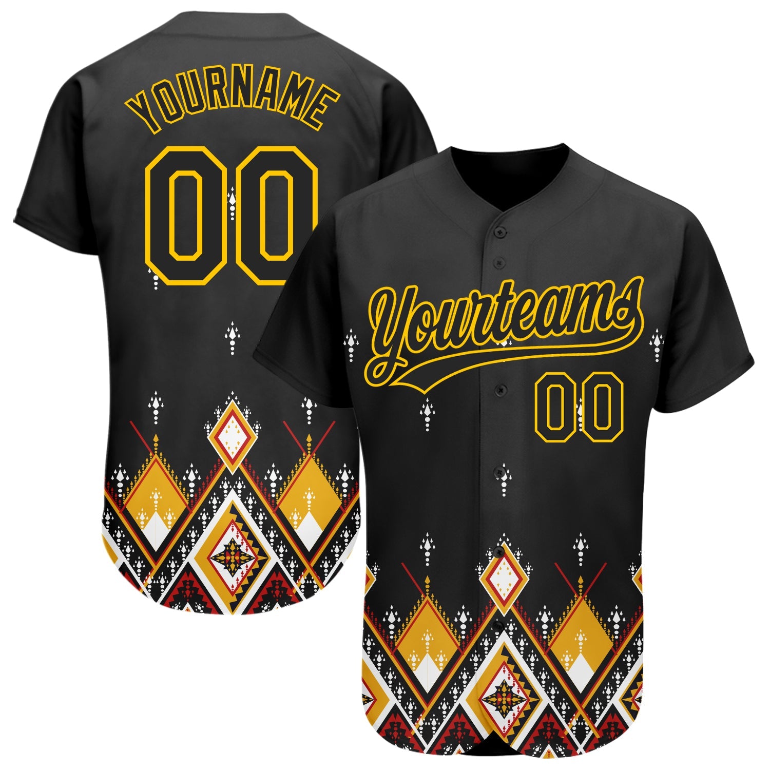 Custom Black Yellow 3D Pattern Design Geometric African Ethnic Style Authentic Baseball Jersey - Main View