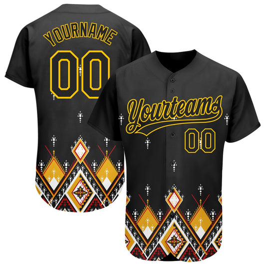 Custom Black Yellow 3D Pattern Design Geometric African Ethnic Style Authentic Baseball Jersey - Main View