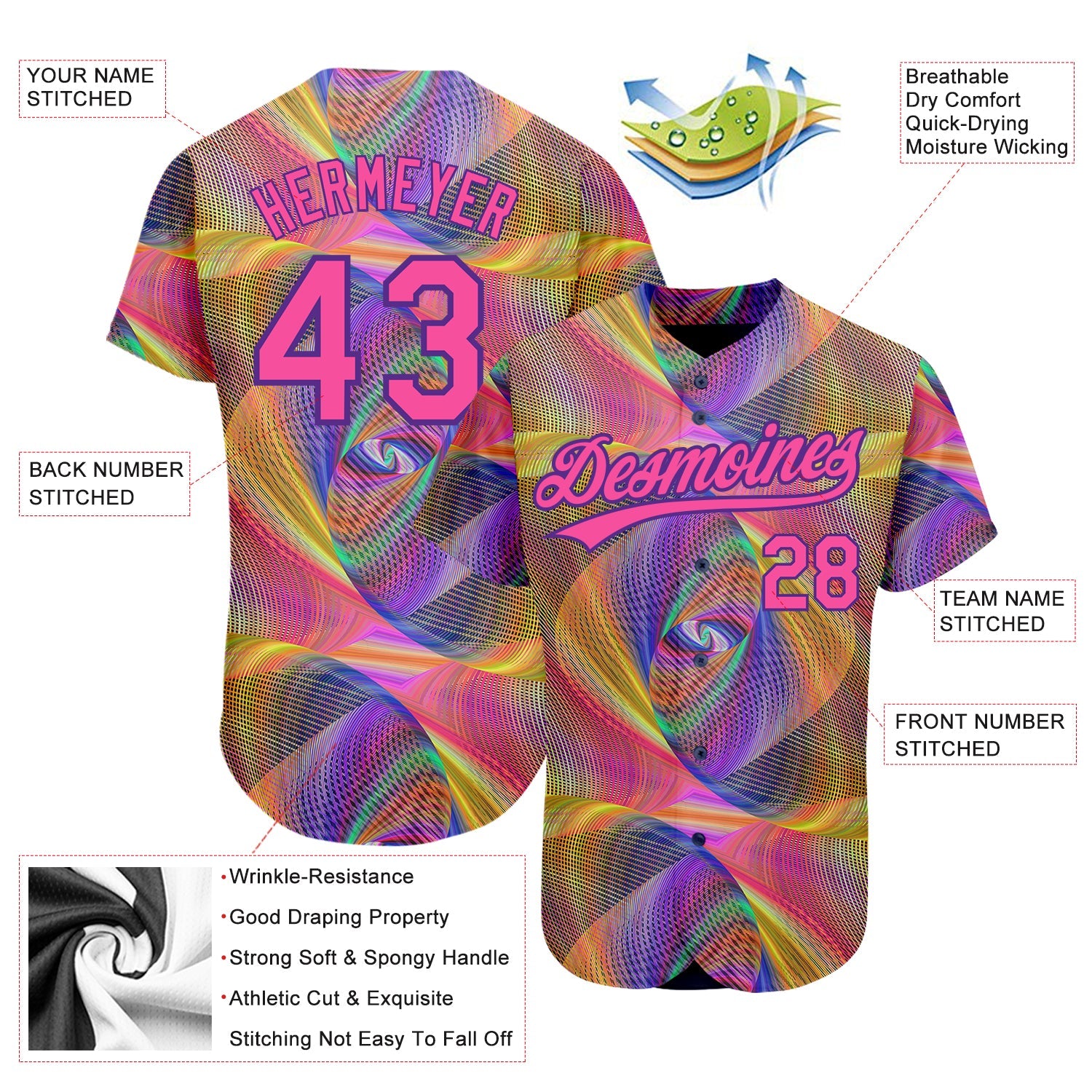 Custom Purple Pink 3D Pattern Design Abstract Fractal Style Authentic Baseball Jersey view 2