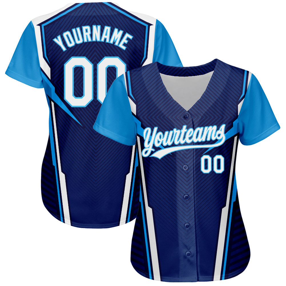 Custom Navy White-Sky Blue 3D Pattern Design Abstract Sport Authentic Baseball Jersey view 2