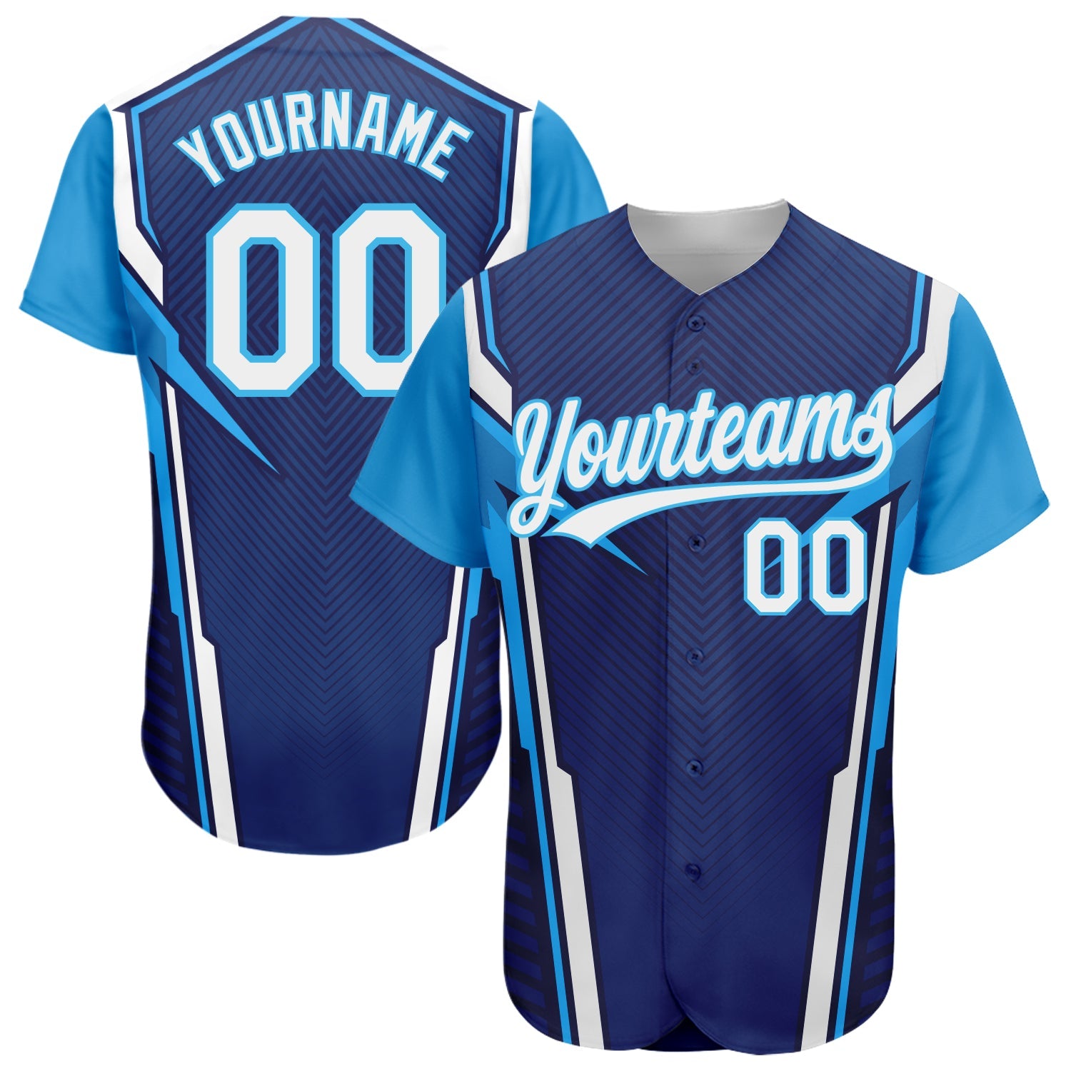 Custom Navy White-Sky Blue 3D Pattern Design Abstract Sport Authentic Baseball Jersey - Main View