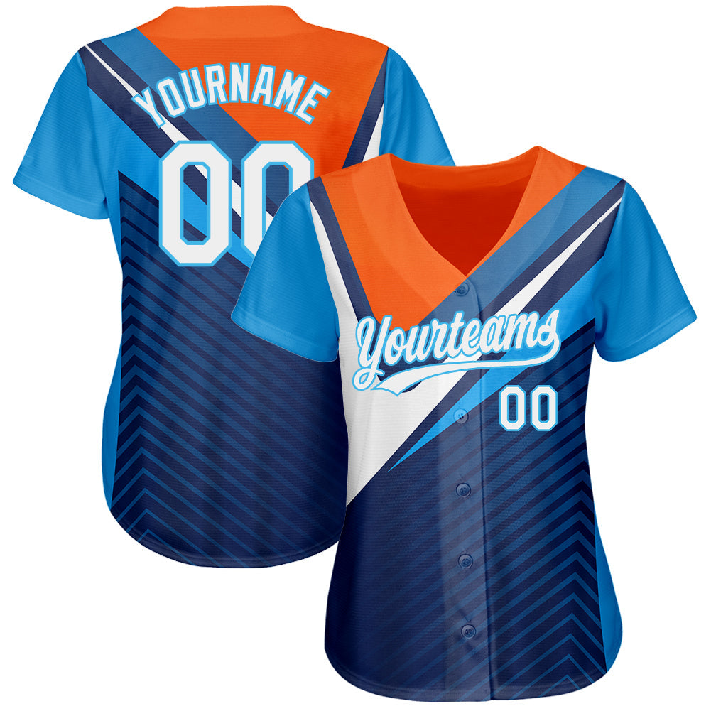 Custom Navy White Orange-Sky Blue 3D Pattern Design Abstract Sport Authentic Baseball Jersey view 2