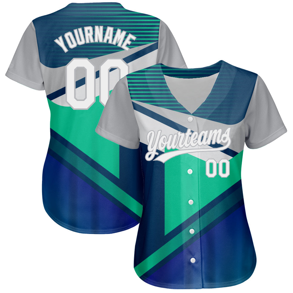 Custom Navy White Gray-Aqua 3D Pattern Design Abstract Sport Authentic Baseball Jersey view 2