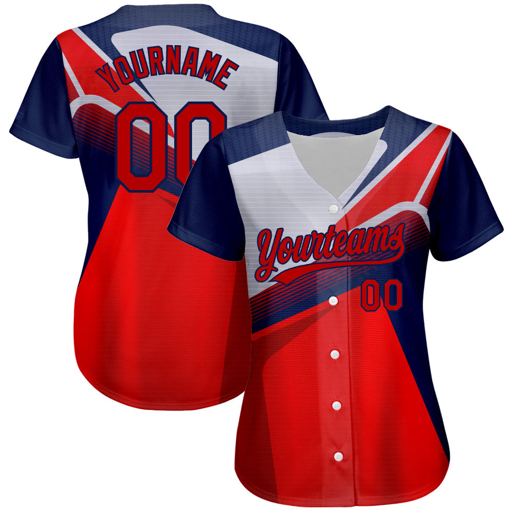Custom Red Navy 3D Pattern Design Abstract Sport Authentic Baseball Jersey view 2