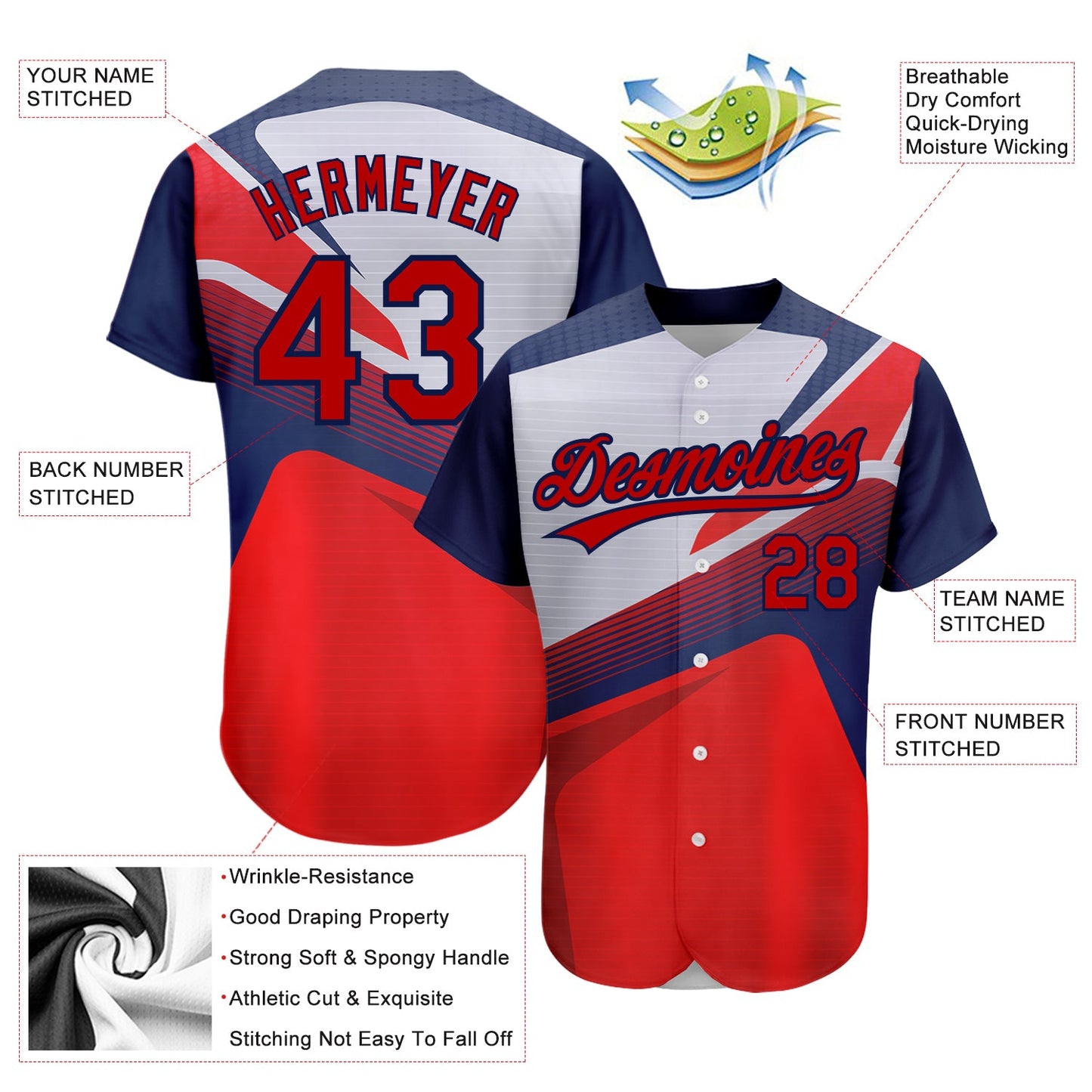 Custom Red Navy 3D Pattern Design Abstract Sport Authentic Baseball Jersey view 3