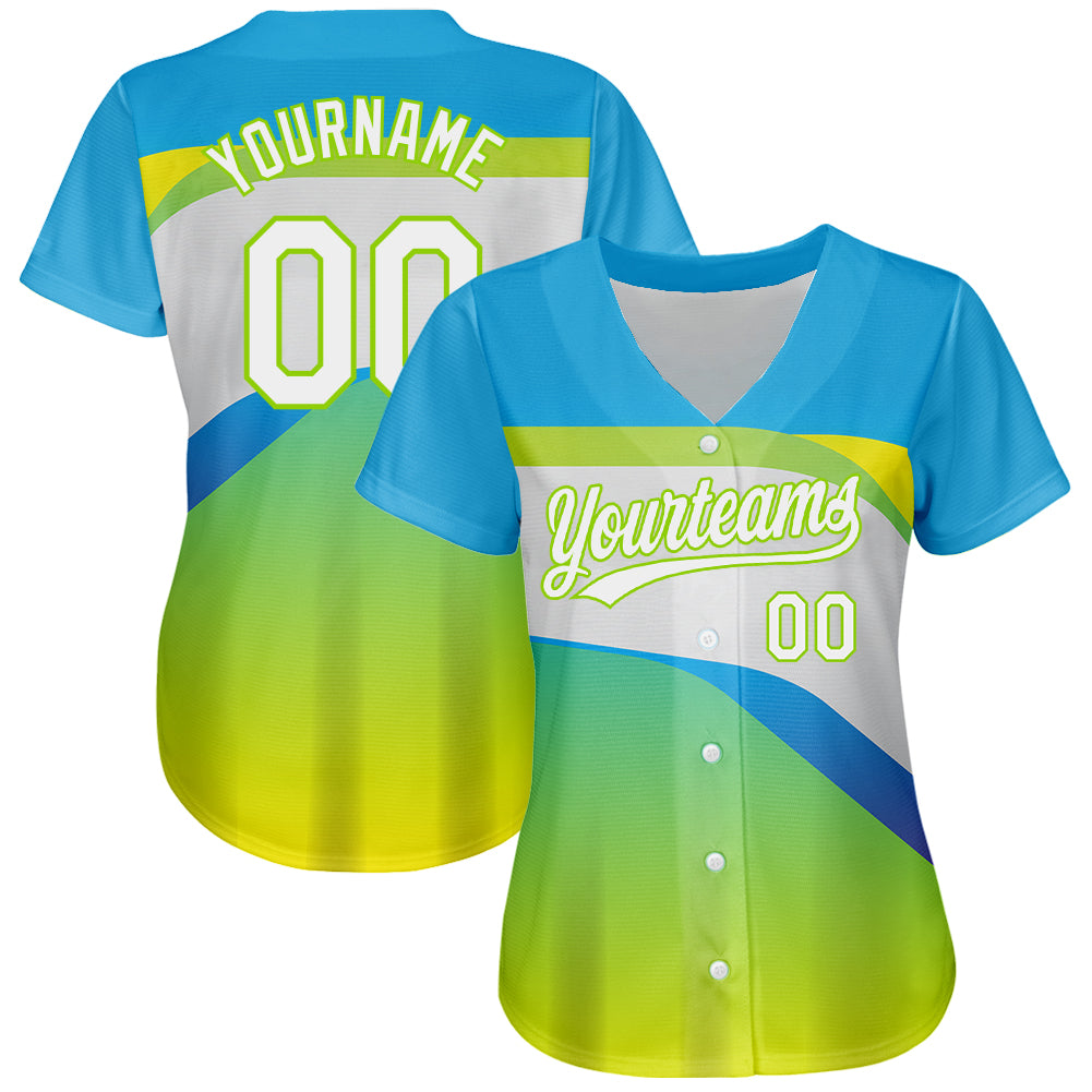 Custom Neon Green White-Sky Blue 3D Pattern Design Abstract Sport Authentic Baseball Jersey view 2