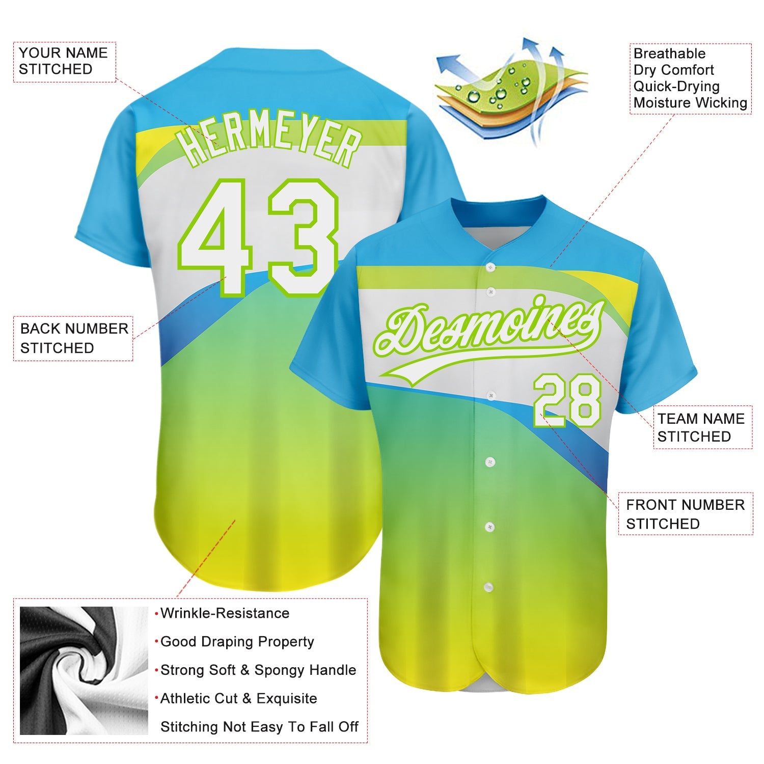 Custom Neon Green White-Sky Blue 3D Pattern Design Abstract Sport Authentic Baseball Jersey view 3