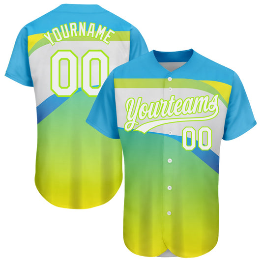 Custom Neon Green White-Sky Blue 3D Pattern Design Abstract Sport Authentic Baseball Jersey - Main View