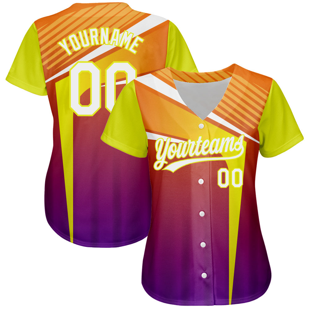 Custom Orange White Purple-Neon Yellow 3D Pattern Design Abstract Sport Authentic Baseball Jersey view 2