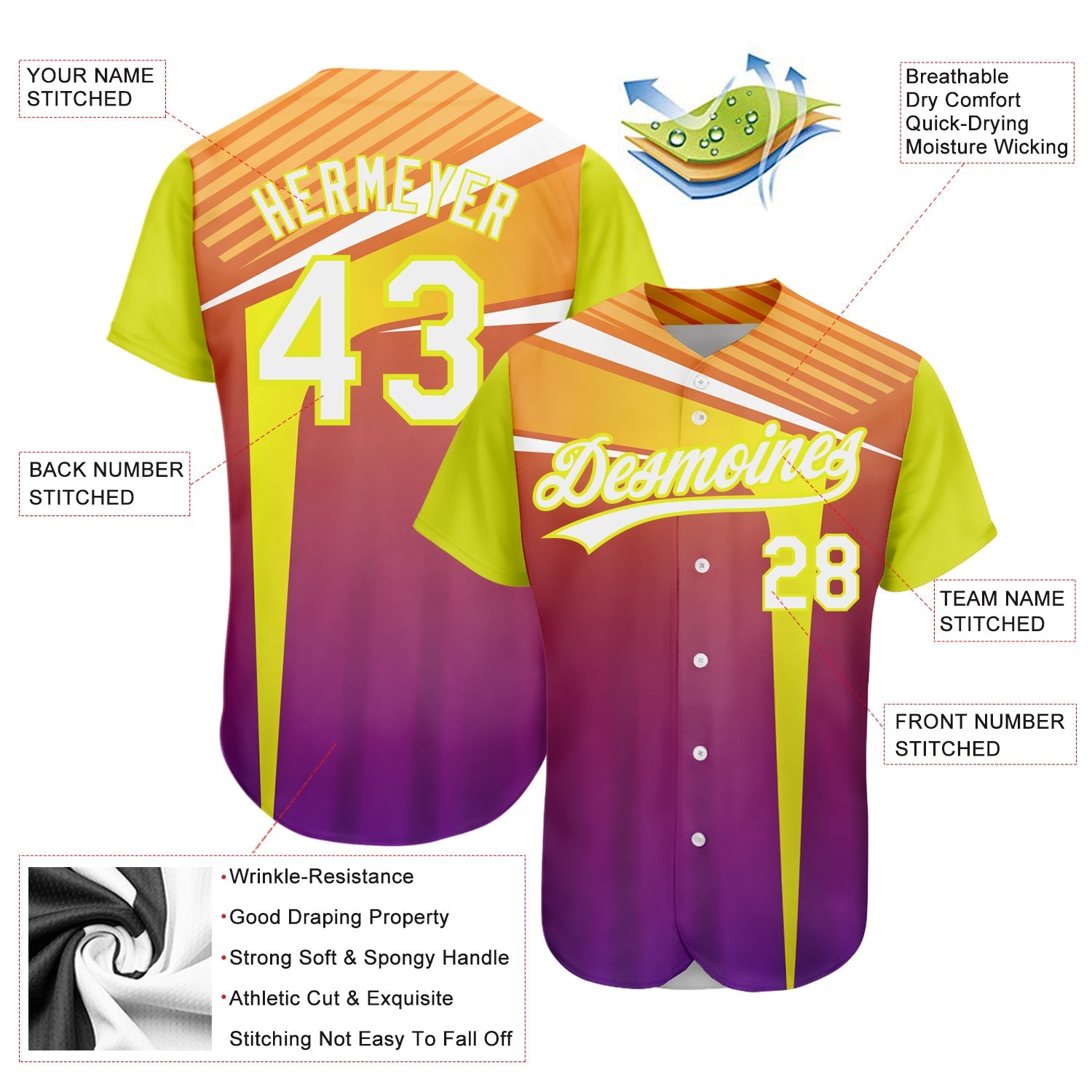 Custom Orange White Purple-Neon Yellow 3D Pattern Design Abstract Sport Authentic Baseball Jersey view 3