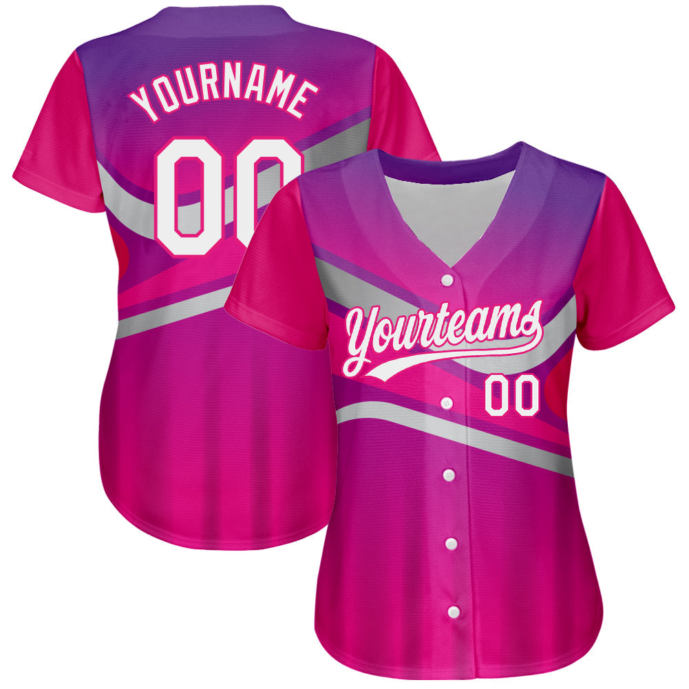 Custom Purple White-Hot Pink 3D Pattern Design Abstract Sport Authentic Baseball Jersey view 2