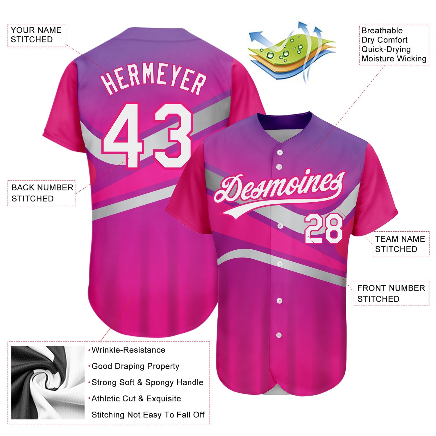 Custom Purple White-Hot Pink 3D Pattern Design Abstract Sport Authentic Baseball Jersey view 3