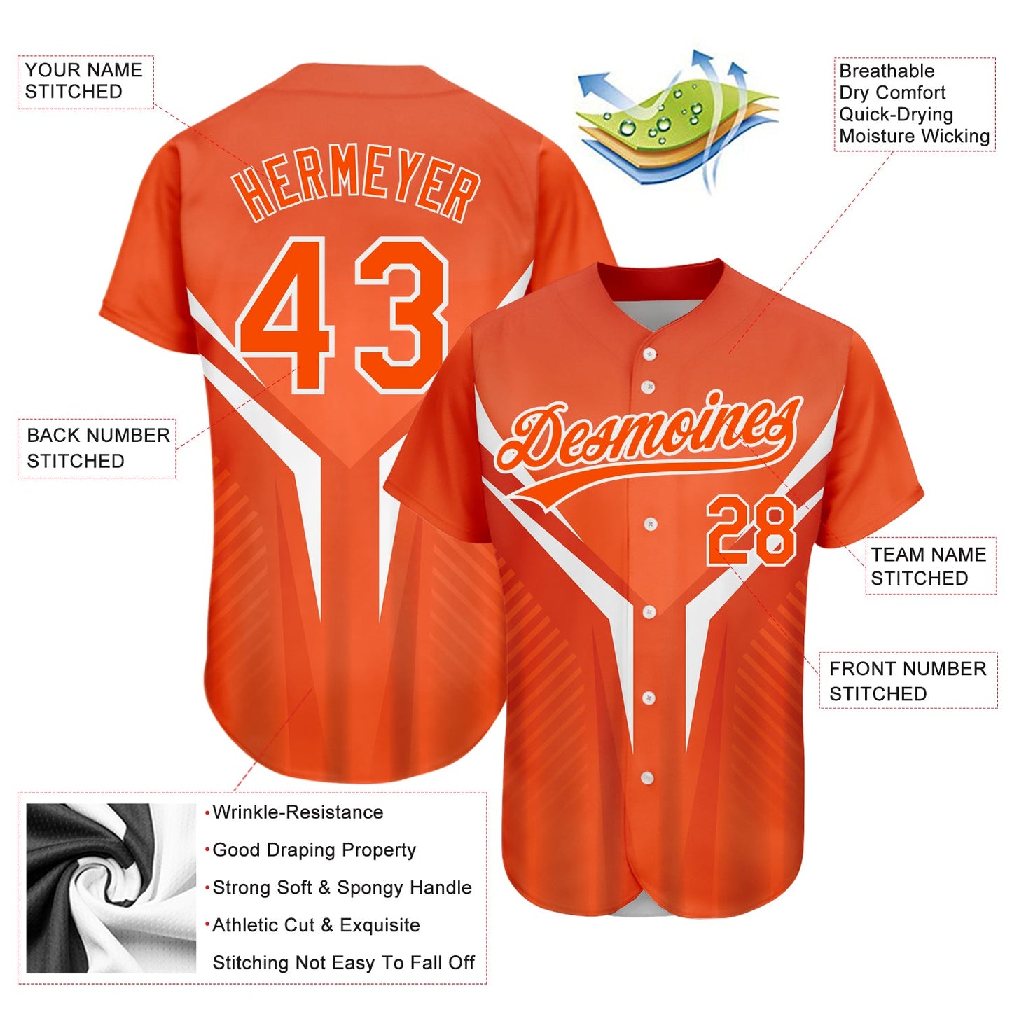 Custom Orange White 3D Pattern Design Abstract Sport Authentic Baseball Jersey view 3