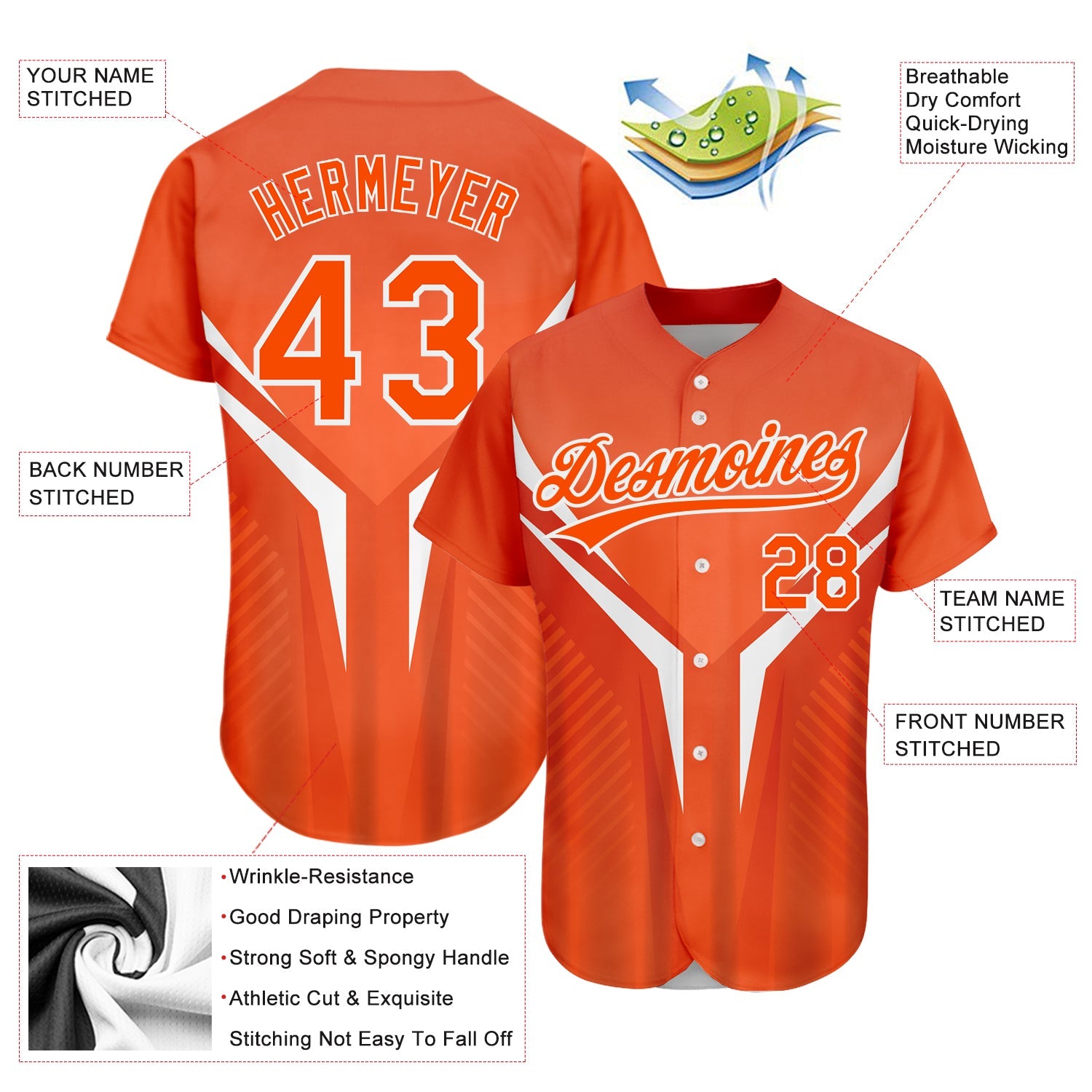 Custom Orange White 3D Pattern Design Abstract Sport Authentic Baseball Jersey view 3