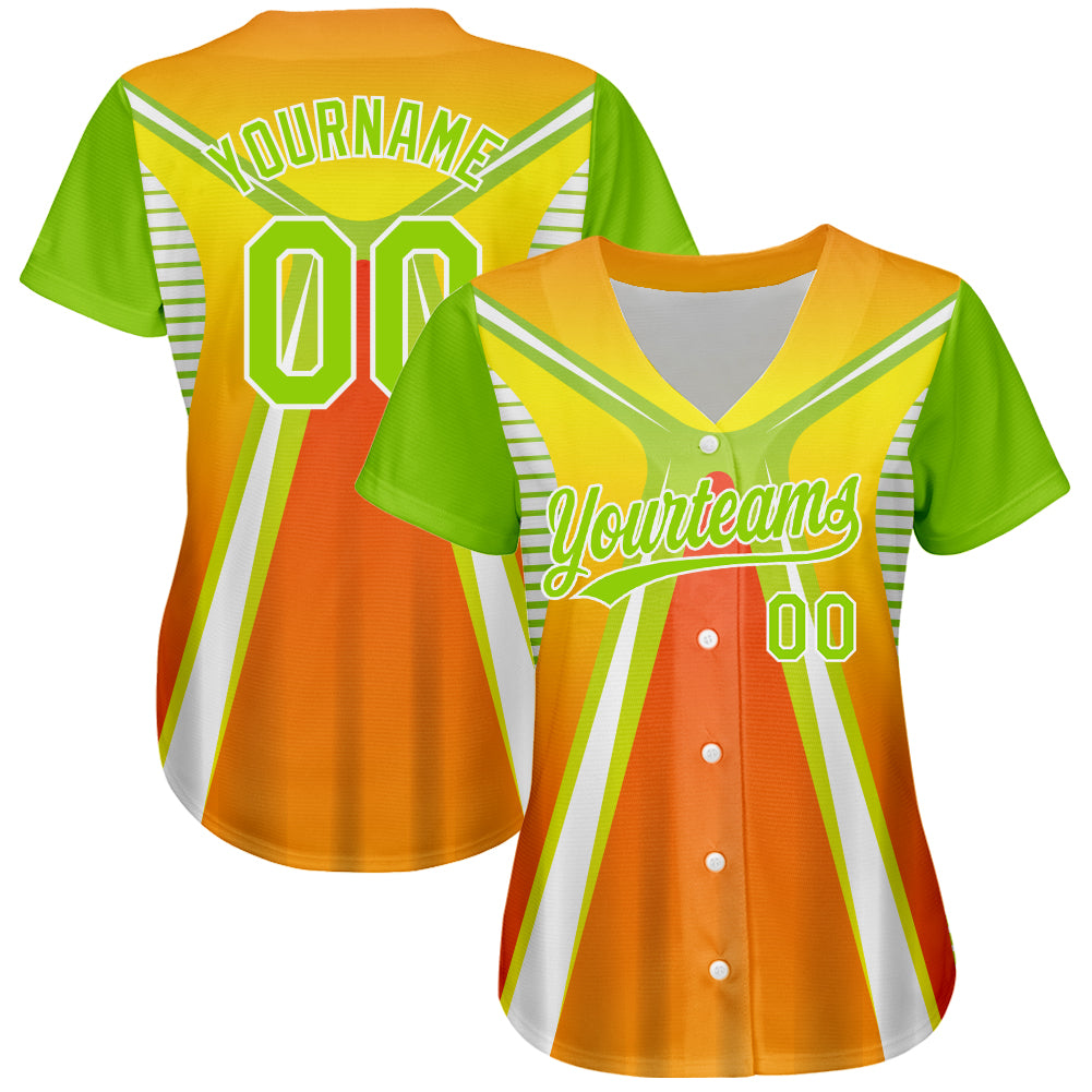 Custom Orange Neon Green-White 3D Pattern Design Abstract Sport Authentic Baseball Jersey view 2