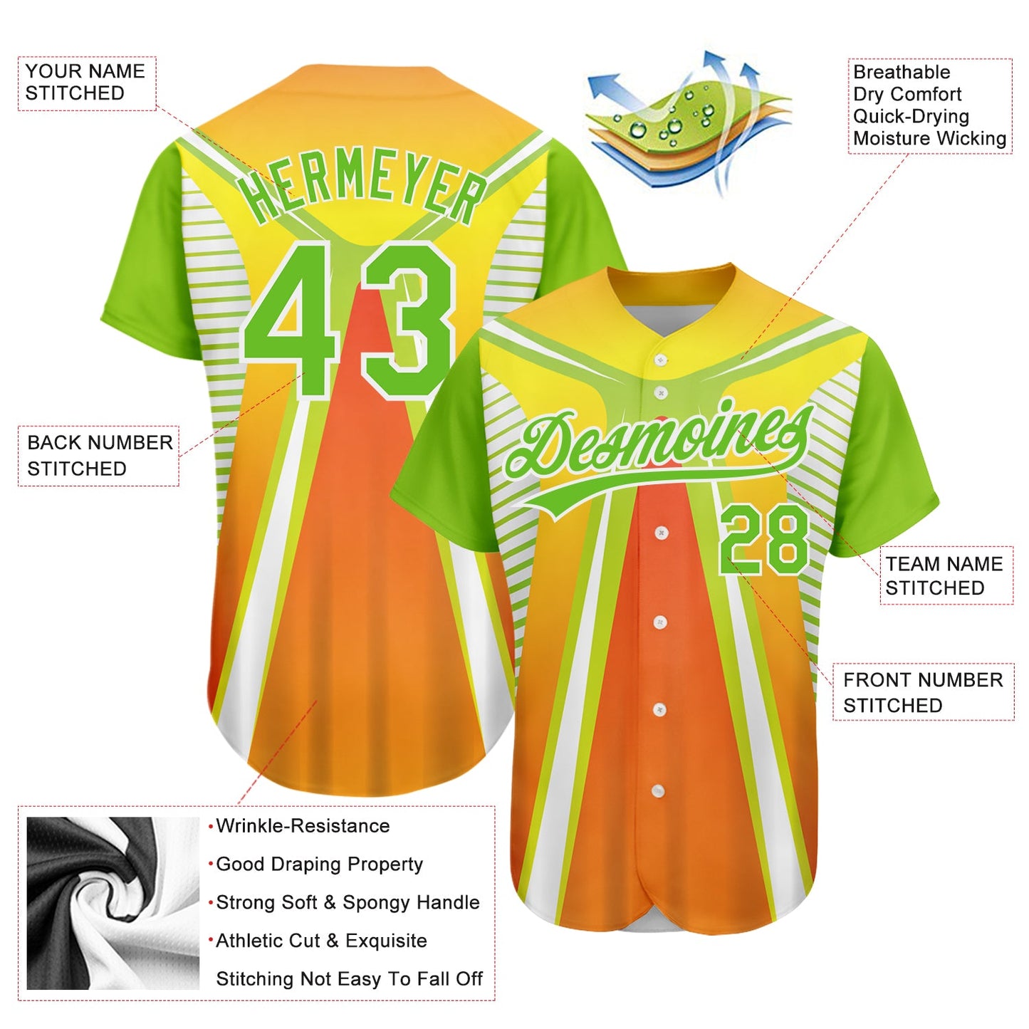 Custom Orange Neon Green-White 3D Pattern Design Abstract Sport Authentic Baseball Jersey view 3