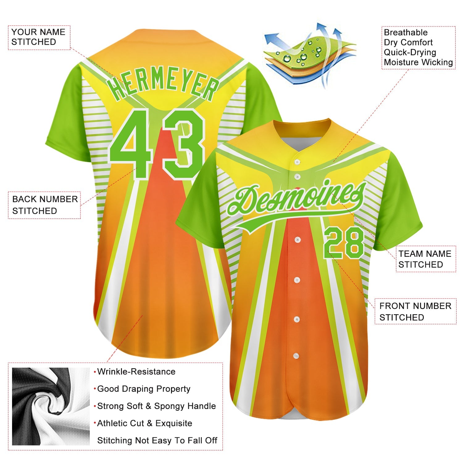 Custom Orange Neon Green-White 3D Pattern Design Abstract Sport Authentic Baseball Jersey view 3