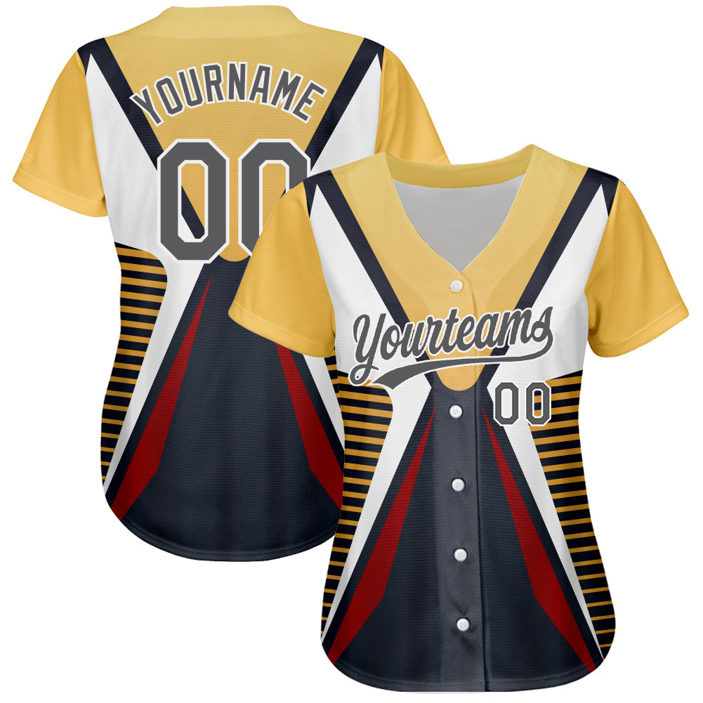 Custom Steel Gray Vegas Gold-White 3D Pattern Design Abstract Sport Authentic Baseball Jersey view 2