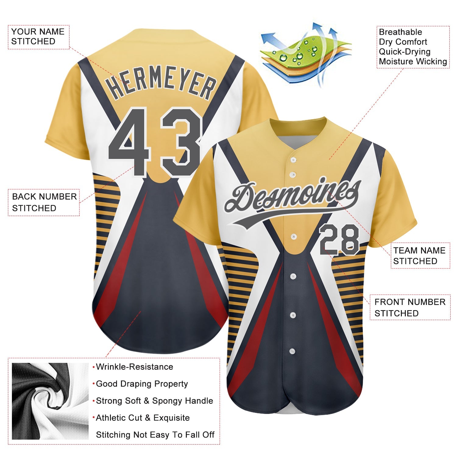 Custom Steel Gray Vegas Gold-White 3D Pattern Design Abstract Sport Authentic Baseball Jersey view 3