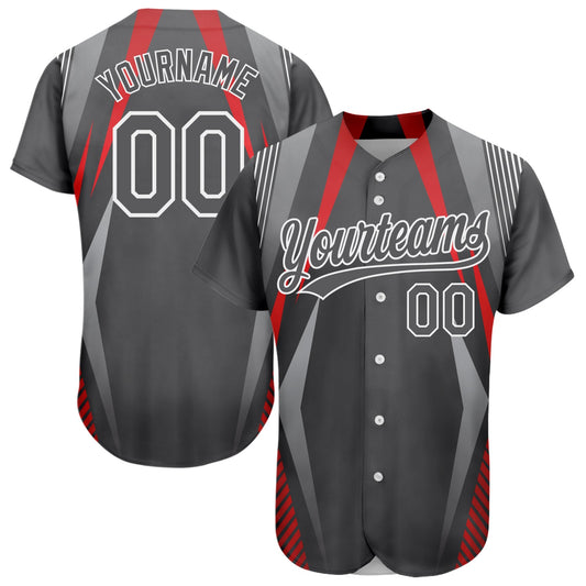 Custom Steel Gray Red-White 3D Pattern Design Abstract Sport Authentic Baseball Jersey - Main View